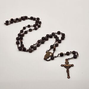 Vintage Devotional Rosary With Brown Beads And Metal Crucifix